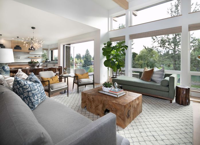 Many furnishings in the living room are from Harper House Design, including the Four Hands Braden Chairs, Lee Industries 3893-03 sofa, custom MAD Furniture fainting couch, Armadillo Fex Rug in Natural, and Visual Comfort Mayotte Large Floor Lamp.