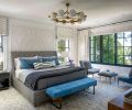 The bedroom offers a vintage chandelier, Hohla custom draperies and custom wood panel and wallcovering from Zak + Fox. West Elm Ziggy bench.