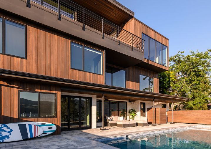 The lower “party” floor has easy access to the pool