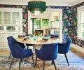 Florals found in Cole & Son “Midsummer Bloom” wallpaper encircle the dining experience crowned by a fabulous Regina Andrew Cabaret Fringe chandelier, circular CFC Liz dining table and voluptuous velour chairs.