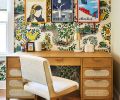 Jeff’s collection of Nada Surf band posters pops against the Schumacher “Citrus Garden” wallcovering. A Rue Cambon chair cozies up to a handsome Alegra desk.
