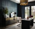 A Four Hands console from J Garner Home and Arhaus desk is set against the custom wall treatment and crowned with an Uttermost Golden Gate Wide Drum chandelier.