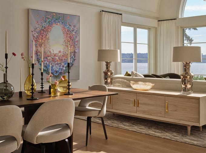 Marinello creates warmth, openness and sophisticated style in the décor by honoring the historical precedent found in classic furnishings by Gio Ponti and Saarinen and tying them to the homeowner’s collection of art, Sage Vaughan’s “Goners”. To help delineate the space, a custom credenza from Gauge Design Group was selected for added storage.