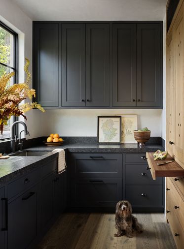 The pantry is handily located near the range and island. Custom brushed white oak pantry cabinets in a custom Benjamin Moore color.