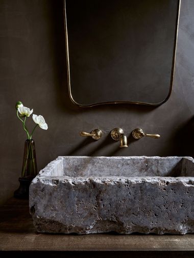 The powder room brings the intentionality of the renovation into a small space. Deep brown plaster walls, natural stone sink from Oda & King, and unlacquered brass Newport fixtures.