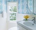 In the guest bathroom the lively wallcovering is from Christopher Farr &ldquo;Fathom in Cobalt&rdquo; from The Dixon Group, Seattle Design Center.