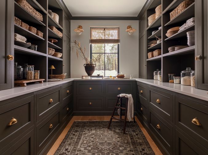 The custom cabinetry in the &ldquo;workhorse&rdquo; of a dry pantry was fabricated by Crystal Cabinets, who did the cabinetry throughout. The cabinetry is painted in Sherwin Williams &ldquo;Muddled Basil&rdquo; with brass Armac Hardware from Chown Hardware. The rug is from Andonian Rugs, while the sconces were found at Lostine.