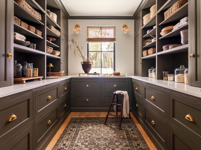 The custom cabinetry in the &ldquo;workhorse&rdquo; of a dry pantry was fabricated by Crystal Cabinets, who did the cabinetry throughout. The cabinetry is painted in Sherwin Williams &ldquo;Muddled Basil&rdquo; with brass Armac Hardware from Chown Hardware. The rug is from Andonian Rugs, while the sconces were found at Lostine.