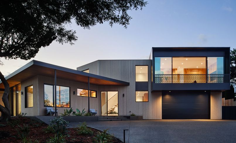 The home exterior is covered in tongue and groove cedar cladding, rough side out, creating lovely texture. Green roofing and an insulated garage door reiterate the homeowners&rsquo; dedication to eco-savvy living. Windows and doors throughout were sourced from Portland Millwork Inc.