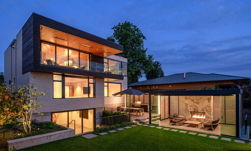 In the outdoor kitchen and BBQ area, there&rsquo;s a Danver Cabinet with a Decton Kalho countertop from Danver Outdoor Kitchens. The expansive windows are all Kolbe Vistaluxe AL LINE from Kolbe Gallery Seattle.