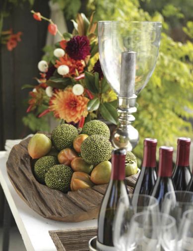 Naturalistic flower and food presentations fit right in to the “inside-out” party porch at Buena Vista, the home and garden of the Hartzman-John family in Vancouver, styled by interior designer and floral designer Garrison Hullinger of Living Life with Color.