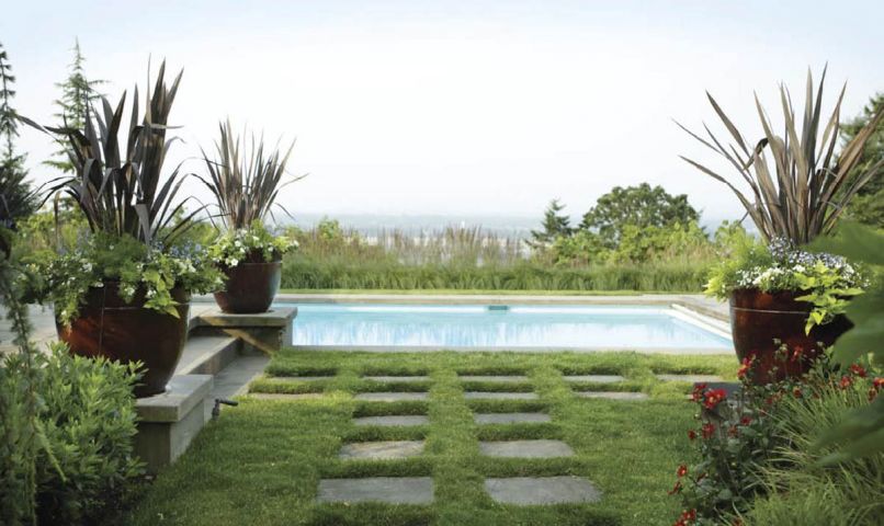 The garden is unified by the repetition of dark rust-brown pots featuring the New Zealand flax ‘Platt’s Black’. These are enhanced by the seasonal addition of complementary annuals. The pots help direct traffic in the garden by marking changes in direction, corners and edges of patios, and changes in elevation.