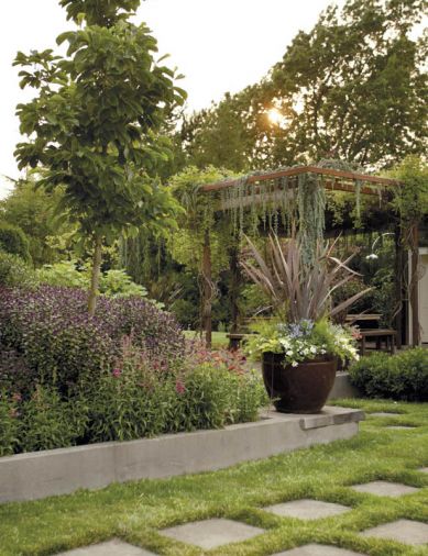 The side garden offers another green space for entertaining, highlighted by a striking steel arbor, and steel trestle table with a granite-top and matching benches designed by metal artist Todd McMurray. Allowed to rust naturally, the arbor beams create a simple structure above the outdoor dining area. The soft canopy of climbing and draping plants creates an intimate setting for moonlit dinner parties as well as visual interest throughout the year. Sinuous weeping Blue Atlas Cedar (Cedrus atlantica ‘Glauca Pendula’) and mature vines of Sweet Autumn clematis (Clematis terniflora) form the ceiling of this garden room. In the winter the new growth of this vine is removed, producing the heavy cord-like trunks that curve around and mollify the hard surface of the metal structure.