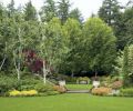 Jacquemontii birches with stark white trunks see their color mirrored in stone urns that flank broad stone steps from the upper to the lower lawn abutting the lakeshore. Another trio of trees, this time columnar Italian cypress, provide a formal contrast to the birches.