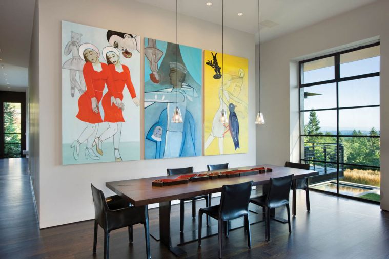 A seven-foot triptych by Fay Jones hung in the business offices of Twist in Portland until it could be hung in the new dining room. Having adequate wall and display space to house the homeowners’ art collection was a key consideration in the home’s design.