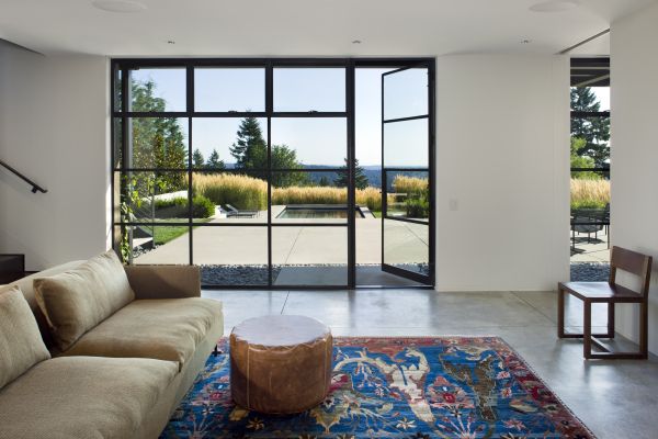 A door provides easy access to the pool from the downstairs recreation room.