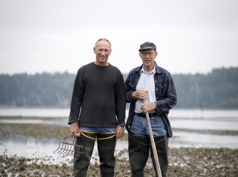 Bill Taylor with his late father, Justin Taylor, the patriarch of Taylor Shellfish Farms, who could be found walking the tide flats most daylight tides up until the age of 90.