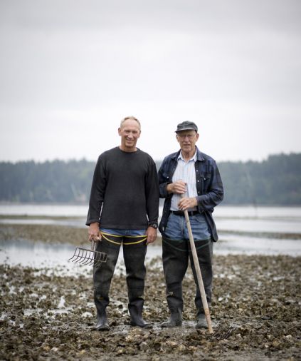 Bill Taylor with his late father, Justin Taylor, the patriarch of Taylor Shellfish Farms, who could be found walking the tide flats most daylight tides up until the age of 90.
