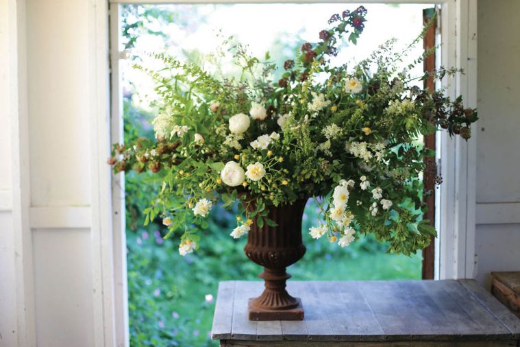 Spring on the Farm: An early season arrangement of dock, ninebark, bush honeysuckle, heirloom rambling roses, peonies, filipendula, penstemon, amur maple pods and mock orange.