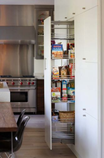 A series of floor-to-ceiling pantry pullouts from Rev-A-Shelf provide easy accessibility to foodstuffs and maximize kitchen storage space. Pull-out units operate smoothly and easily on slides, have adjustable shelves and can be customized to fit in a variety of spaces.