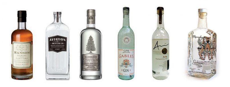 Our Northwest gin favorites include (L-R): 1) Ransom Old Tom /$34.00 Highly aromatic, spicy, and a touch of barely perceived sweetness. 2) Aviation Gin /$29.00 Fresh and spicy, but also elegant and earthy. 3) Bainbridge /$39.00 Heritage Doug Fir Gin Like a breath of mountain air in a glass. 4) Gables Gin /$29.00 Viscous, round, malty, but full of herbs and citrus. 5) Aria Portland Dry Gin /$23.00 Classy and polished expression of New London Dry style. 6) Merrylegs /$29.00 Genever Malty, herby, junipery, a fine sipping gin.