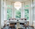 A composite of all the elements in the redesign, the breakfast area weds dark wood, the trees, a light and airy feel and a practical eating area for the Lake Oswego family. Facing the kitchen, the eating area is also close to the living and dining rooms and shares many of the same shapes and tones to provide fluid cohesion throughout the home’s public areas.