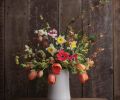 A BUTTERCUP WINTERHAZEL & FLOWERING CURRANT BOUQUET – THE STEMS YOU’LL NEED: 8 Tulipa ‘Apricot Impression,’ 3 Edgeworthia chrysantha ‘Akebono,’ 2 Rhododendron lutescens, 2 Illicium anisatum, 3 Helleborus argutifolius, 3 Anemone coronaria, 1 Ribes sanguineum, 3 Corylopsis pauciflora, 3 Spirea japonica ‘Goldflame’ foliage, 6 Narcissus ‘Silver Standard.’