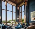 Blue jewel tones found in the Holly Hunt sateen sofas, India rep fabric walls and silk curtains enliven the living room. Rasar’s signature “Kenny G” sofa design sits on a Driscoll Robbins flat weave rug. Custom chandeliers camouflage recessed lighting.