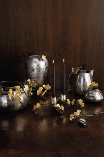 The Butterfly Gingko Collection is inspired by delicate leaves that resemble butterfly wings. Each cocoon-shaped vessel is adorned with handcrafted brass ‘butterflies.’