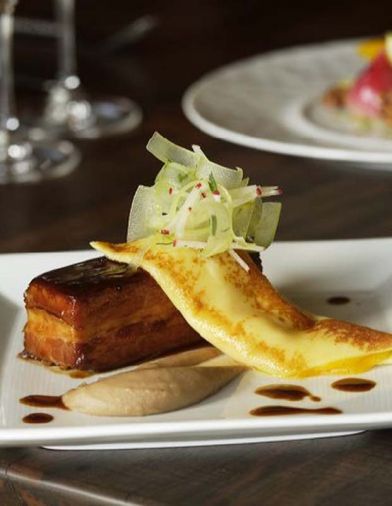 Jin’s Crispy Pork Belly with Allspice Glaze, Apricot Crepe, Roasted Chestnut Puree, and a refreshing Celery-Radish Slaw.