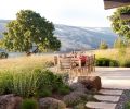 The west patio faces the river, making it the perfect place to host summer gatherings or watch raptors ride the updraft off the water. Beyond, the curved forms of the syncline, a famous Washington landmark, reference the many millennia of geologic forces that have shaped the Columbia River Gorge. A lawn behind the patio offers a place for overflow seating. Plants have to be tough to thrive here, like Perovskia atriplicofolia (Russian sage).